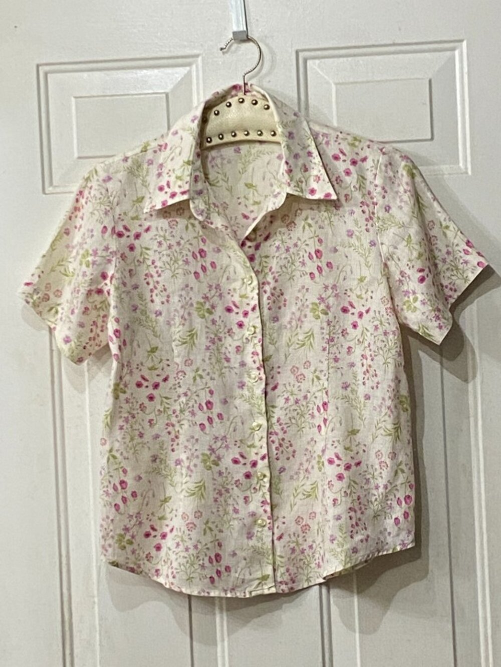 NEW Lands' End Linen Sz 10 (M) Blouse Button Up Short Sleeve White/Pink Floral
